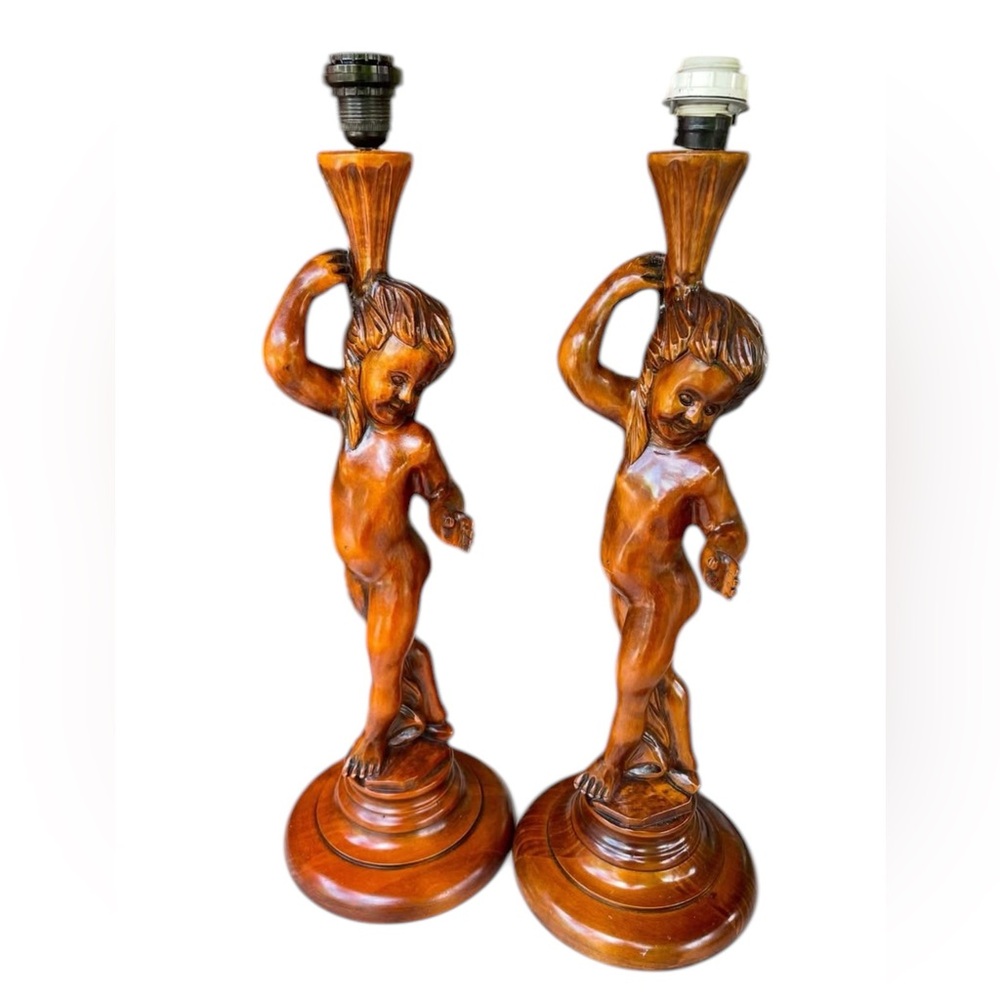 Vintage Hand Carved Wood  Italy Italian Cherub Table Lamps